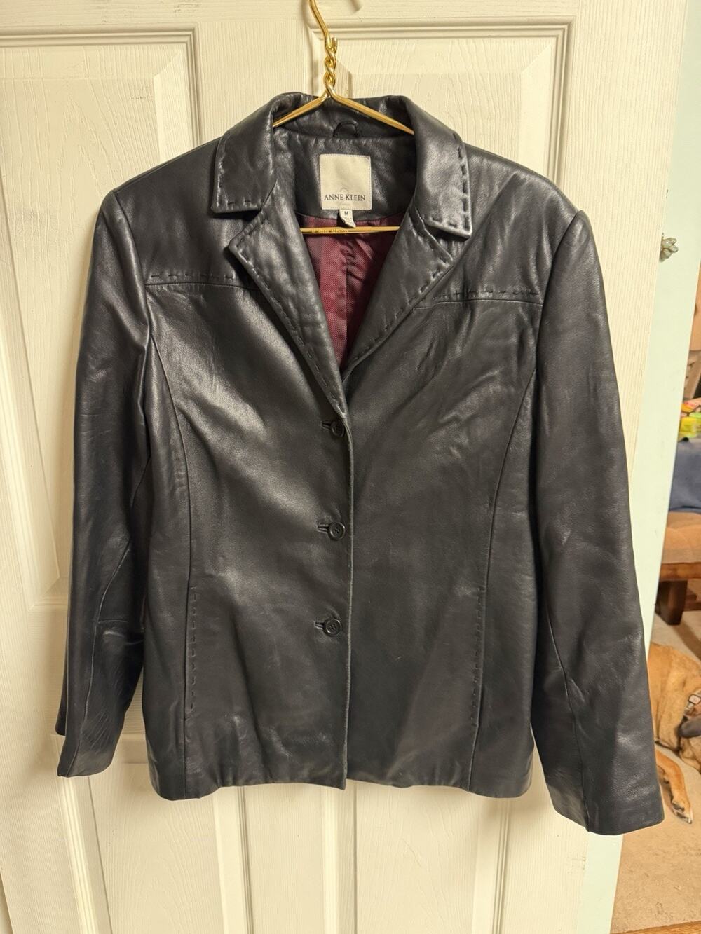 Anne Klein Old Money Lambskin Leather Blazer Jacket Med Black Minimalist 40x27